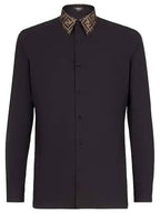 Fendi FF Jacquard Collar Slim Fit Poplin Long Sleeve Shirt Black