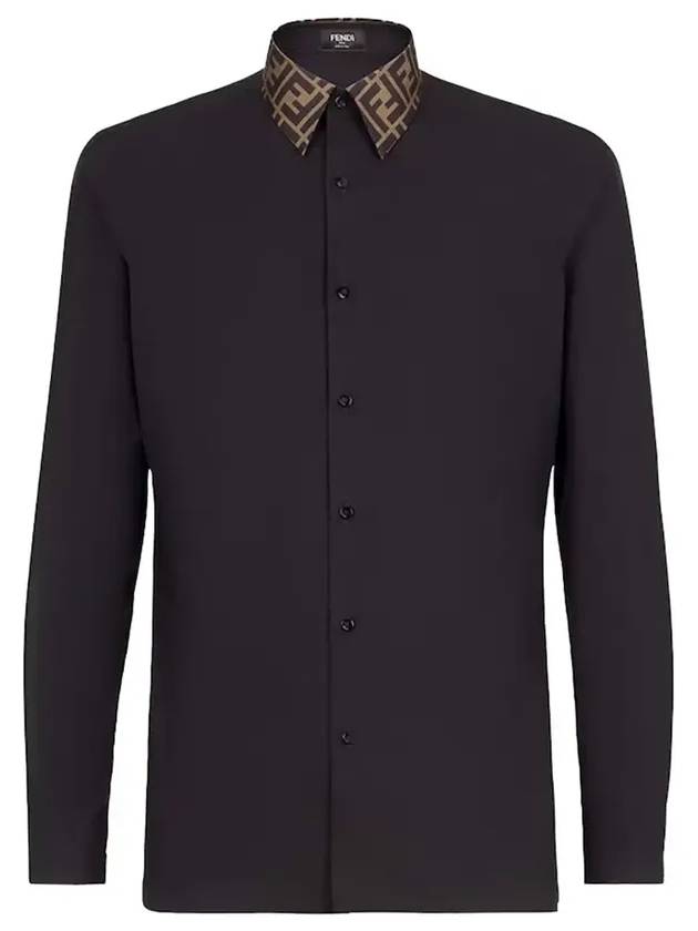 Fendi FF Jacquard Collar Slim Fit Poplin Long Sleeve Shirt Black