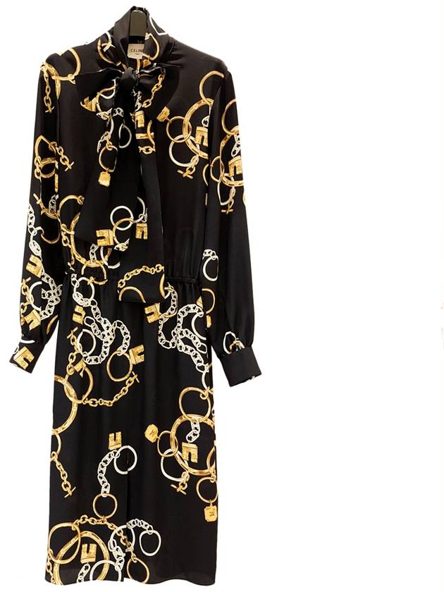 CELINE Chain Printed Silk Long Dress Black