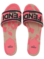 Fendi Rose Print Embroidered Logo Canvas Slide Slippers Pink
