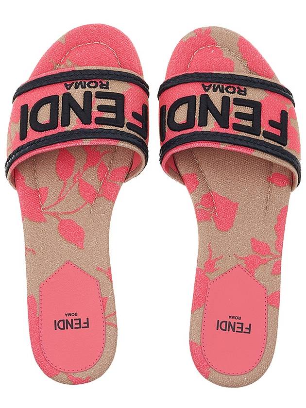 Fendi Rose Print Embroidered Logo Canvas Slide Slippers Pink