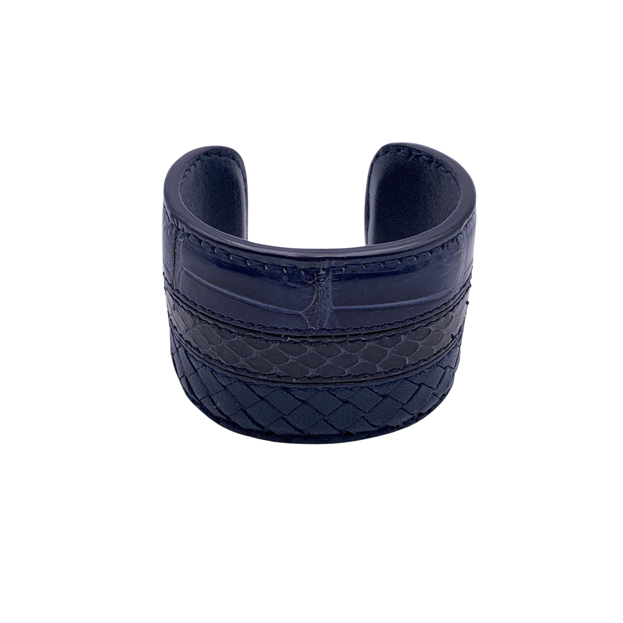 BOTTEGA VENETA Blue Leather Woven Wide Bracelet Cuff Size S
