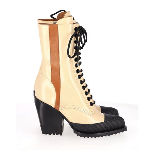 Chloe Rylee Lace Up Ankle Boots in Cream Calfskin Leather