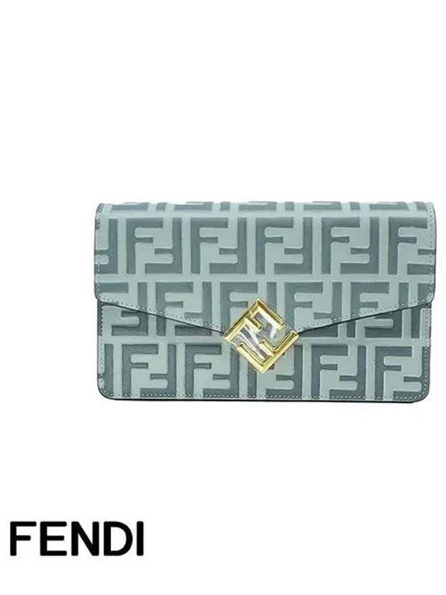 Fendi FF Diamonds Leather Chain Long Wallet Light Blue