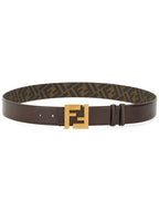 Fendi FF Square Buckle Reversible Leather Canvas Belt Brown