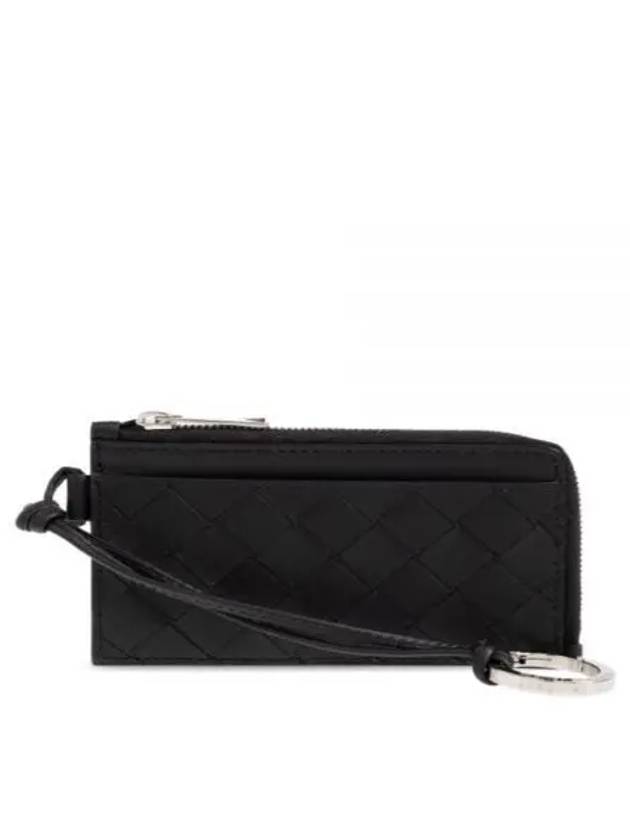 Bottega Veneta Intrecciato L Zipper Leather Card Wallet Black