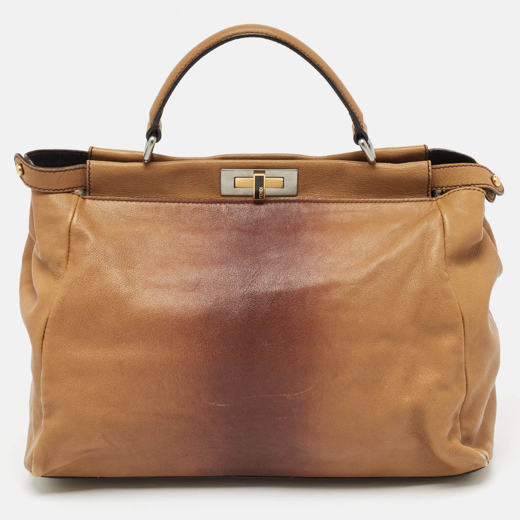 Fendi Brown Ombre Leather And Calf Hair Lining Large Peekaboo Top Handle Bag..