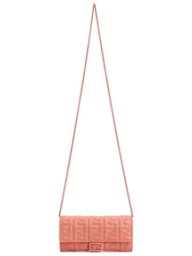 Fendi Baguette Continental Embossed FF Logo Chain Long Wallet Pink