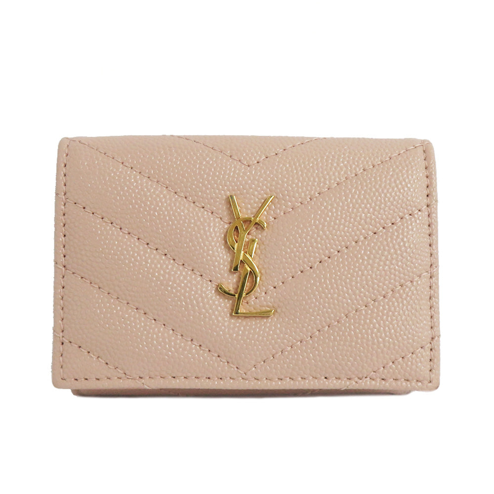Saint Laurent Monogram Oligami Tenny Wallet  Green Leather 668274 Pearl Pink G  Three Folded Wallet Compact Mini