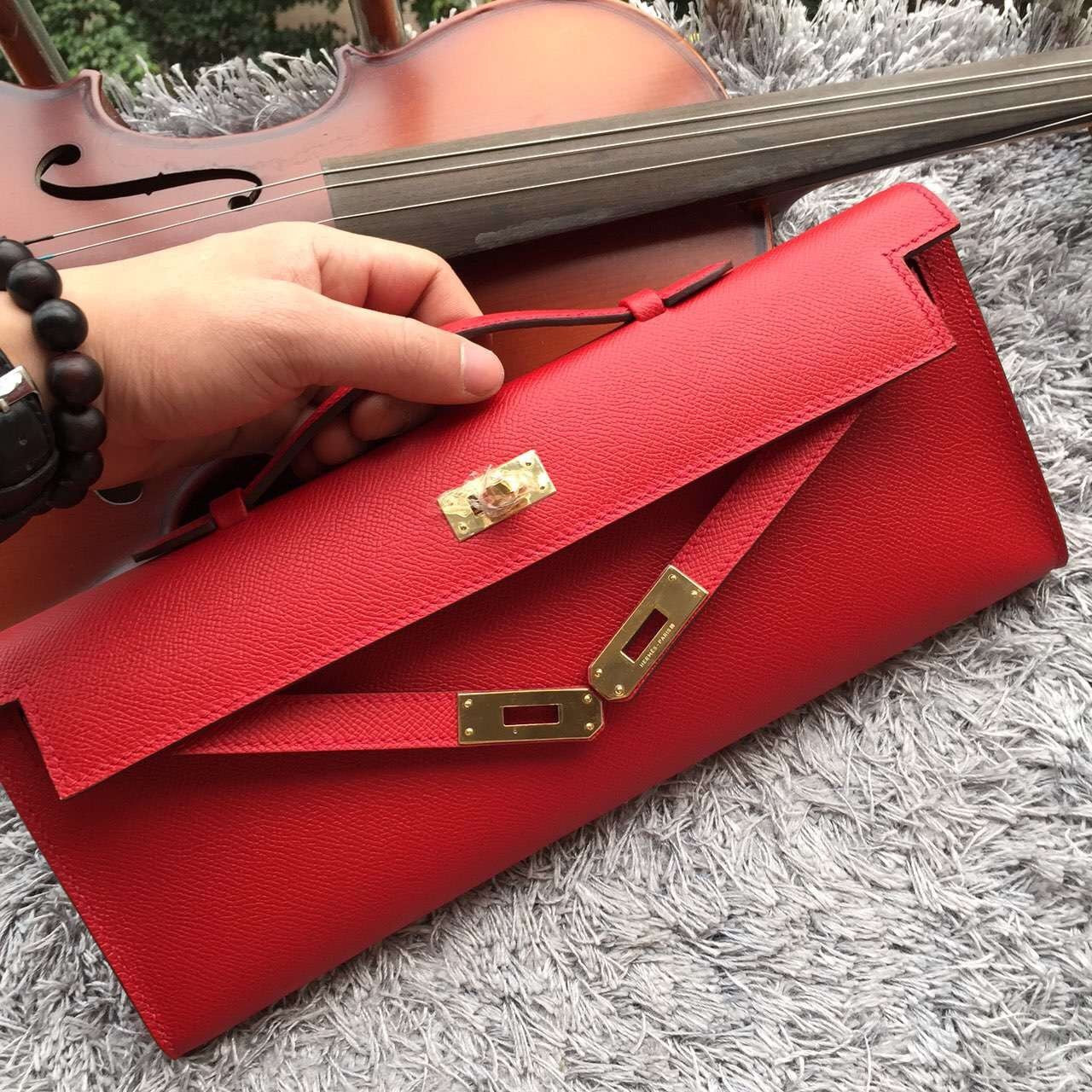 Hermes Red Handcrafted Kelly Cut Clutch