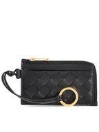 Bottega Veneta Intrecciato L Zip Leather Card Wallet Black
