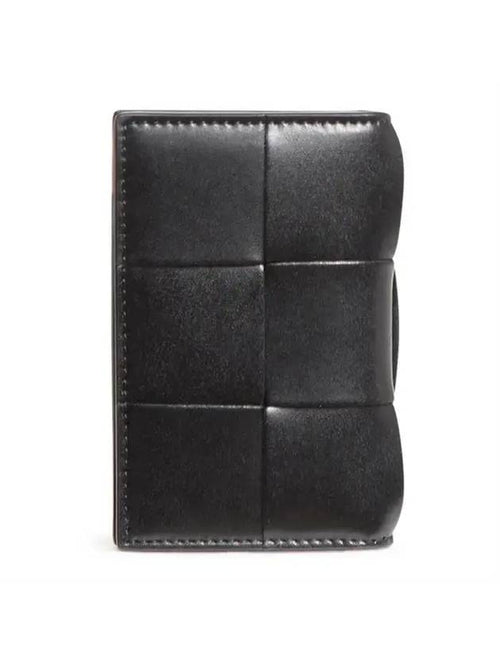 Bottega Veneta Intrecciato Cassette Leather Flap Card Wallet Black