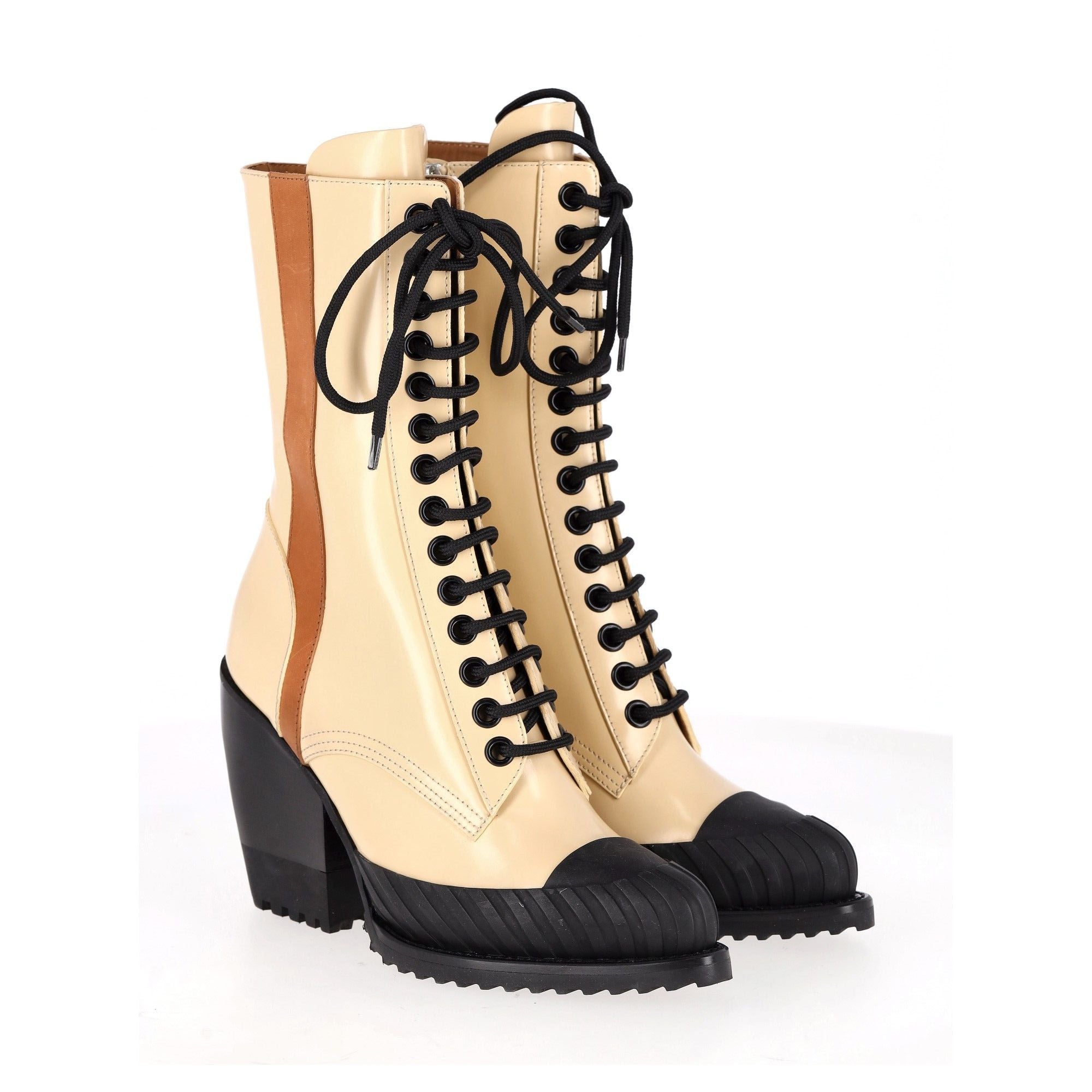 Chloe Rylee Lace Up Ankle Boots in Cream Calfskin Leather
