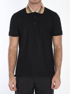 Burberry Check Collar Cotton Polo Shirt Black