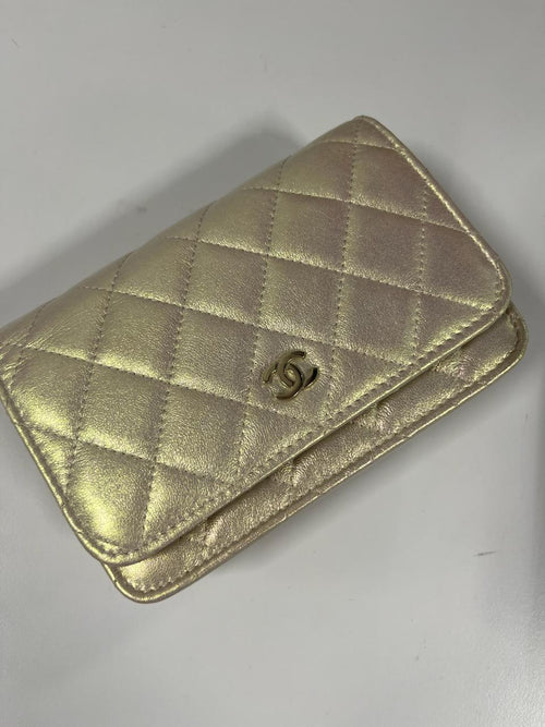 CHANEL - Ivory Iridescent Quilted Lambskin Mini Wallet on Chain