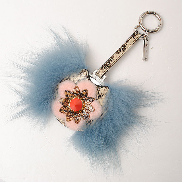 Fendi Mink Fur Python Bag Charm Key Ring Flower Mirror 7AR455