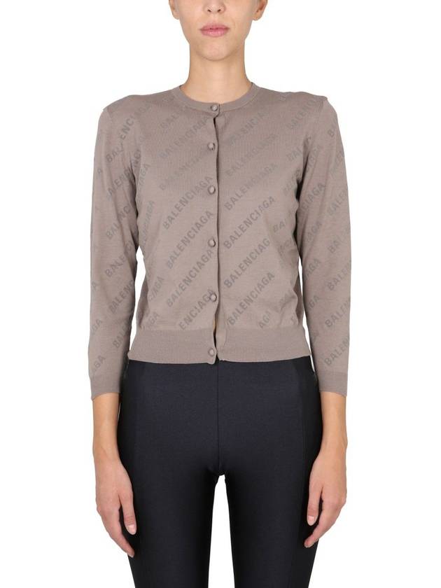 Balenciaga All-Over Logo Print Cotton Crop Cardigan Beige