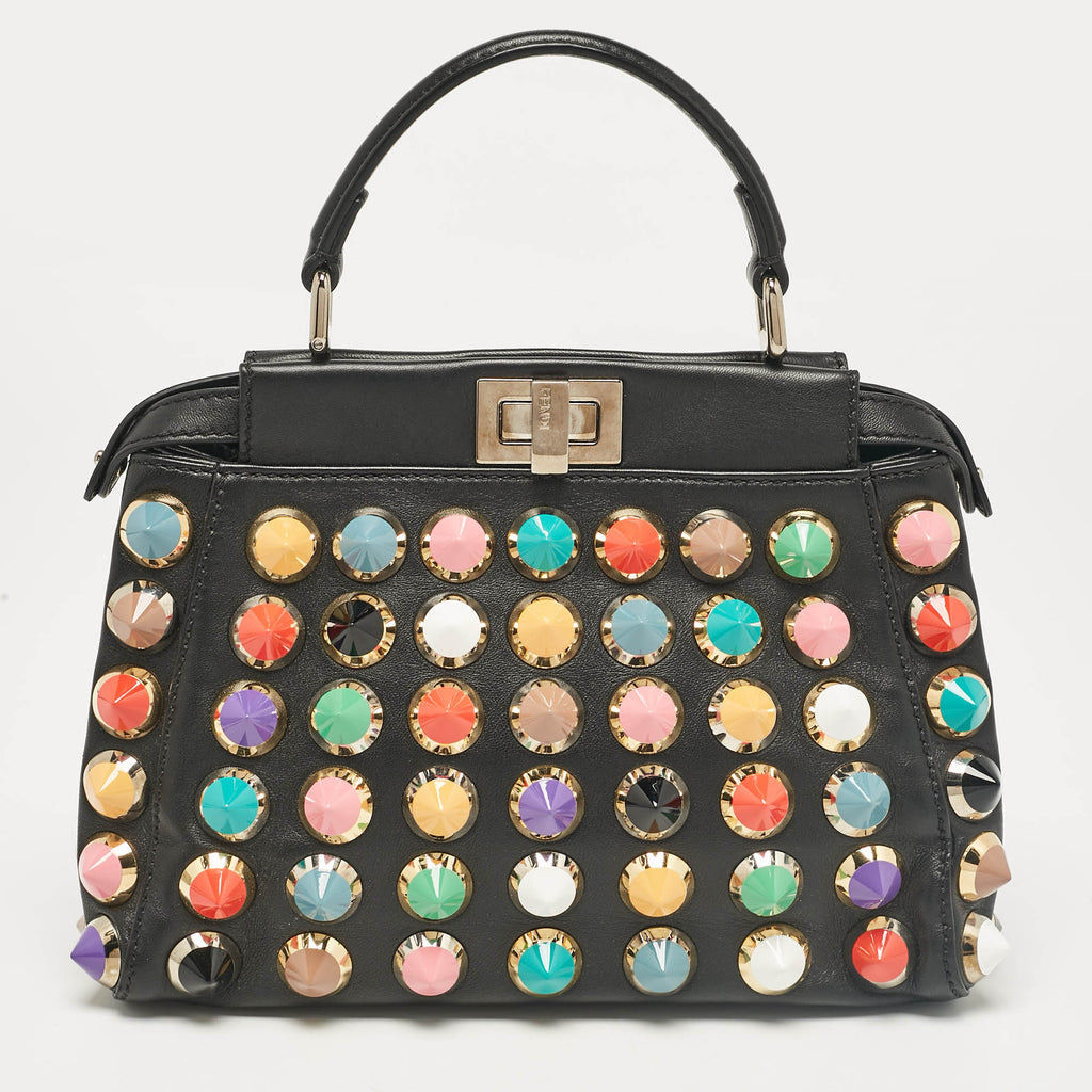 Fendi Black Leather Multicolor Studs Mini Peekaboo Top Handle Bag