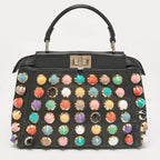 Fendi Black Leather Multicolor Studs Mini Peekaboo Top Handle Bag