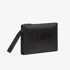 Fendi Flat Pouch In Roma Logo Calf Leather Black