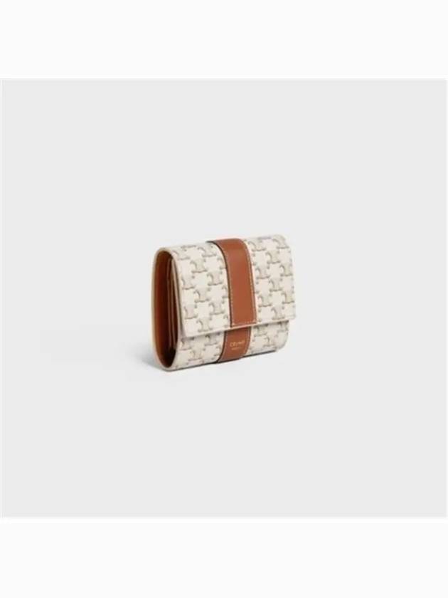 CELINE Triomphe Canvas Lambskin Trifold Small Half Wallet White Tan