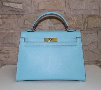 Hermes Kelly 32cm Epsom Leather Handbag Light Blue Gold