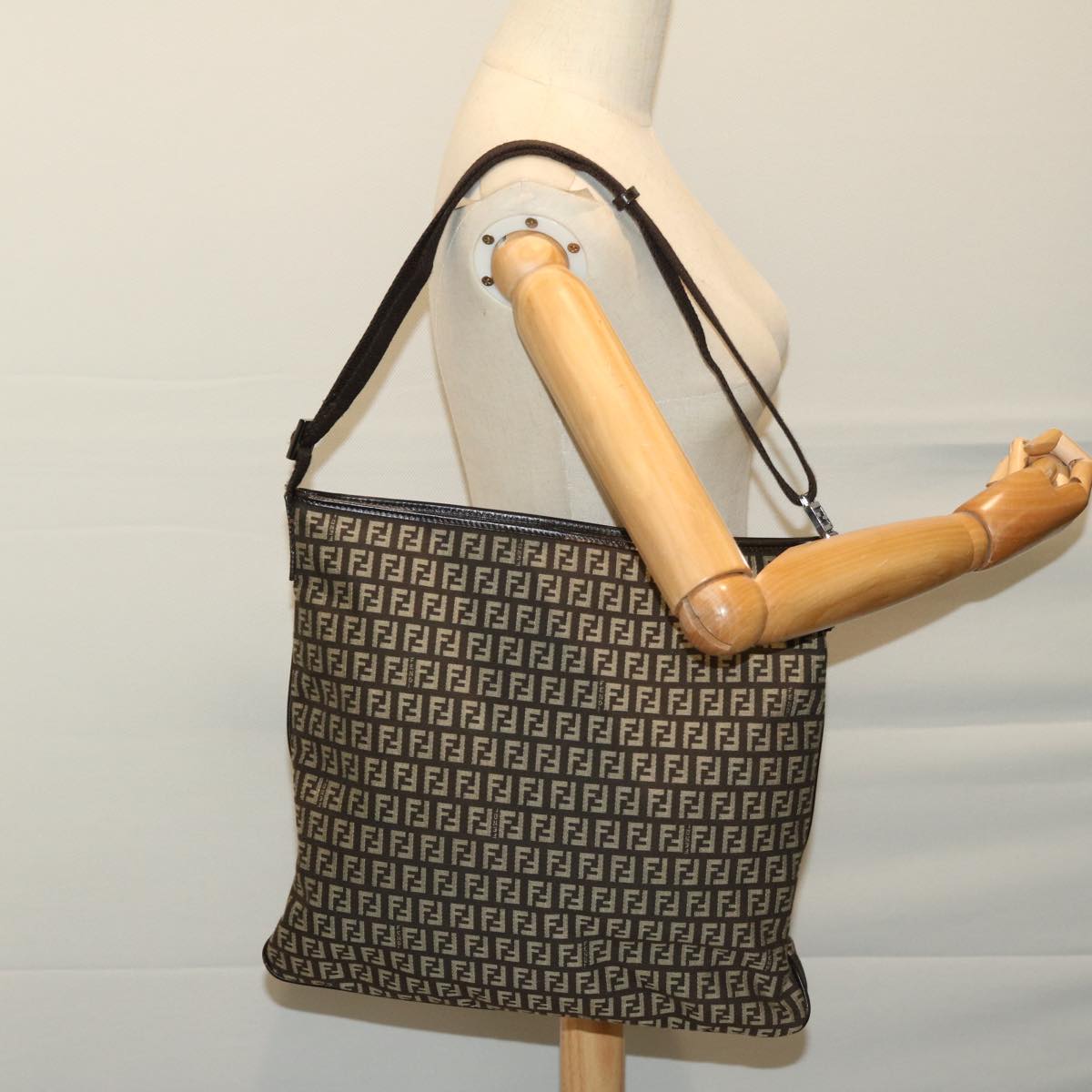 FENDI Zucchino Canvas Mamma Baguette Shoulder Bag Brownfm3245