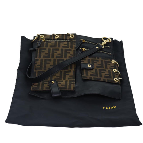 FENDI Zucca Canvas Shoulder Bag Leather Black Goldfm3729