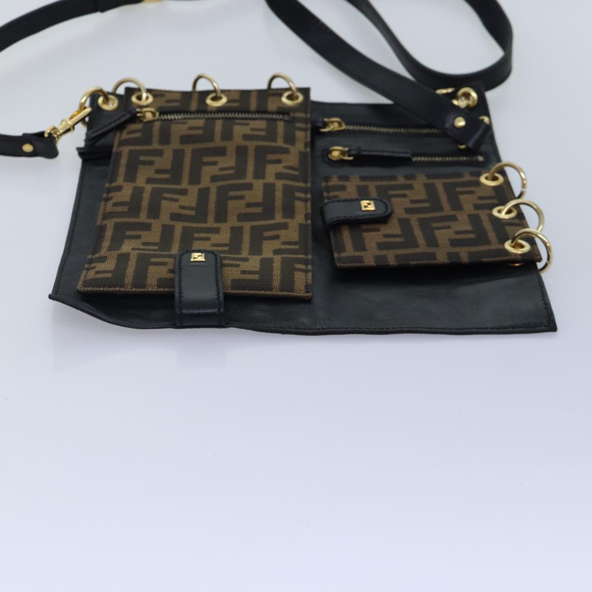FENDI Zucca Canvas Shoulder Bag Leather Black Goldfm3729