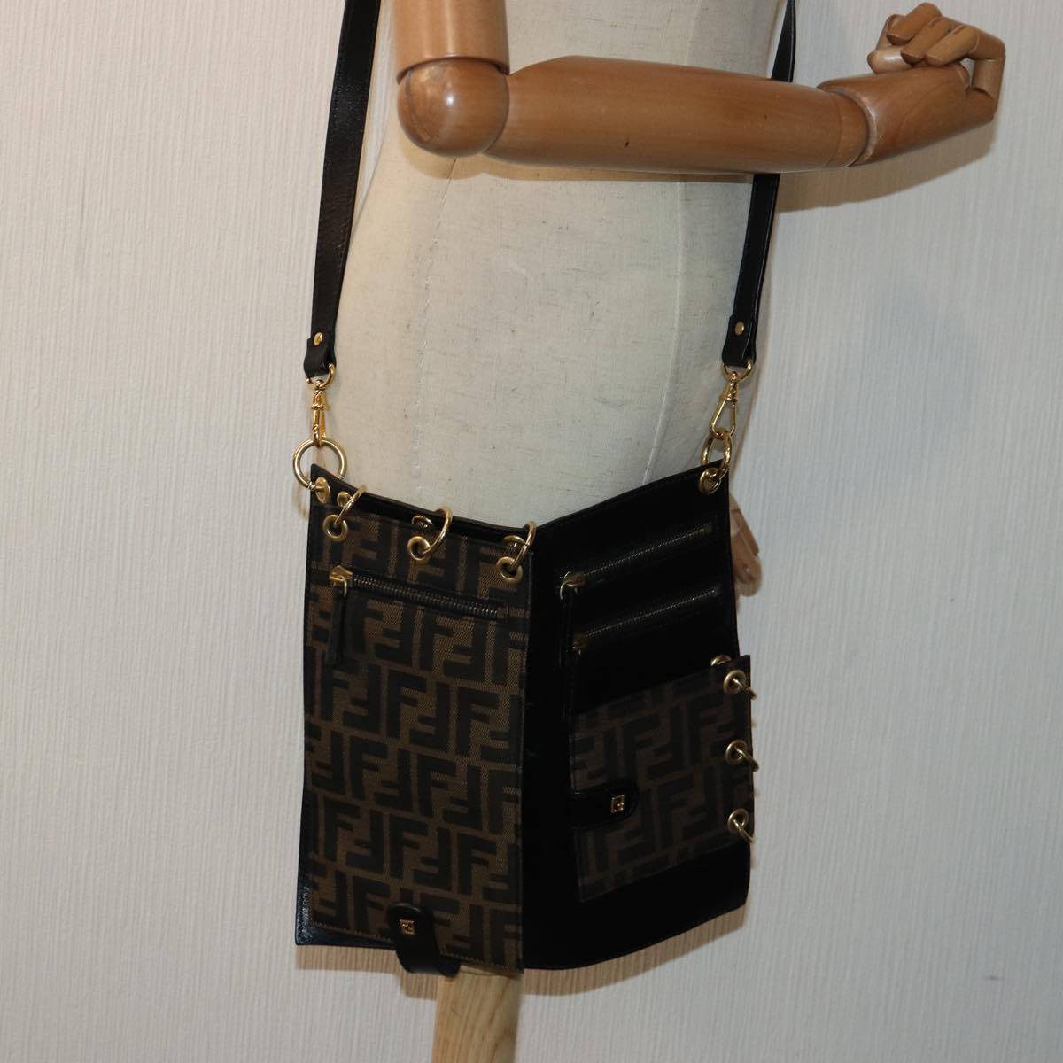 FENDI Zucca Canvas Shoulder Bag Leather Black Goldfm3729