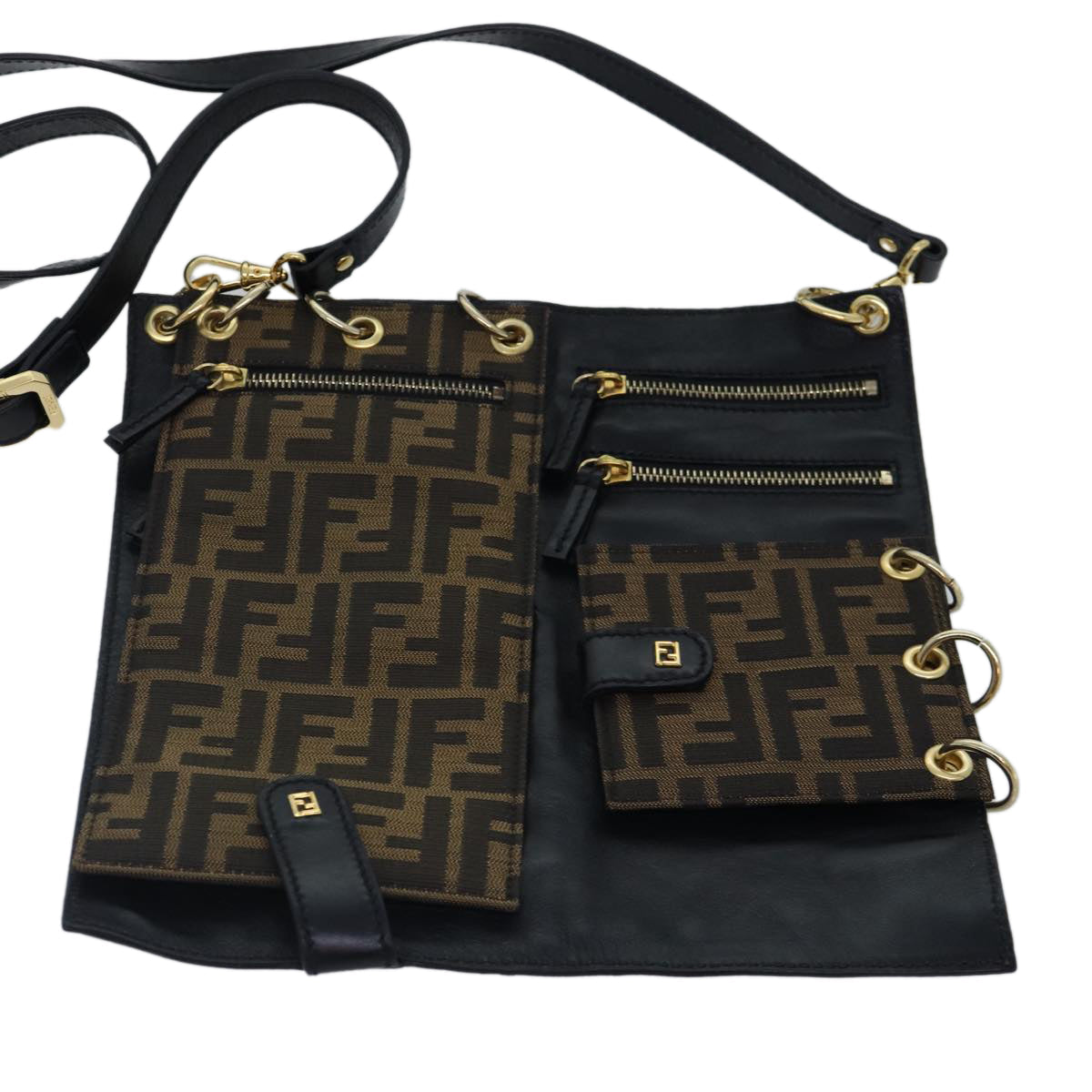 FENDI Zucca Canvas Shoulder Bag Leather Black Goldfm3729