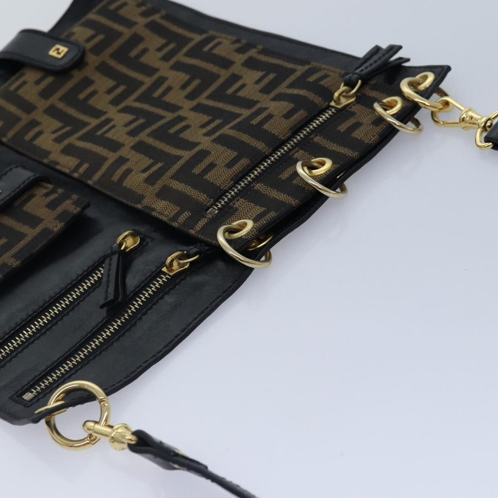 FENDI Zucca Canvas Shoulder Bag Leather Black Goldfm3729