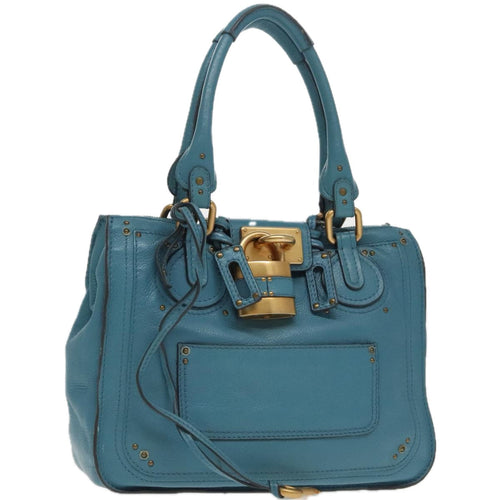 Chloe Paddington Tote Bag Leather Turquoise Blue Gold Silver fm3953