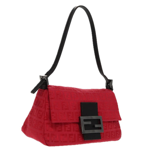 FENDI Zucchino Canvas Mini Mamma Baguette Shoulder Bag Red Silverfm3971A