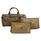 FENDI Zucchino Canvas Pouch Hand Bag Coated Canvas 3Set Beigefm3999