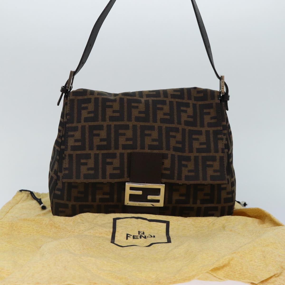 FENDI Zucca Canvas Mamma Baguette Shoulder Bag Brown Black Silverhk1612