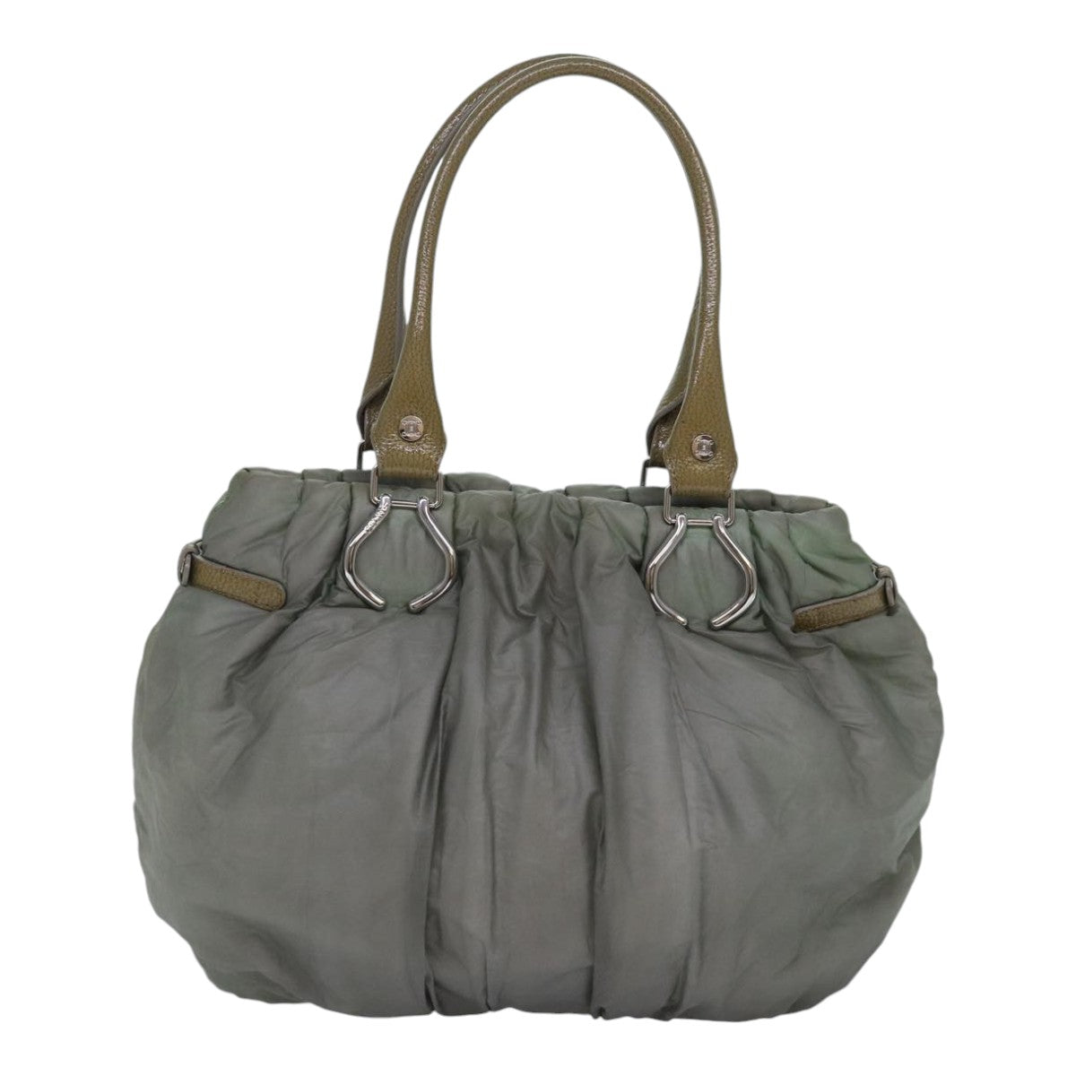 CELINE Tote Bag Nylon Leather Khaki Silver Auth hk1623
