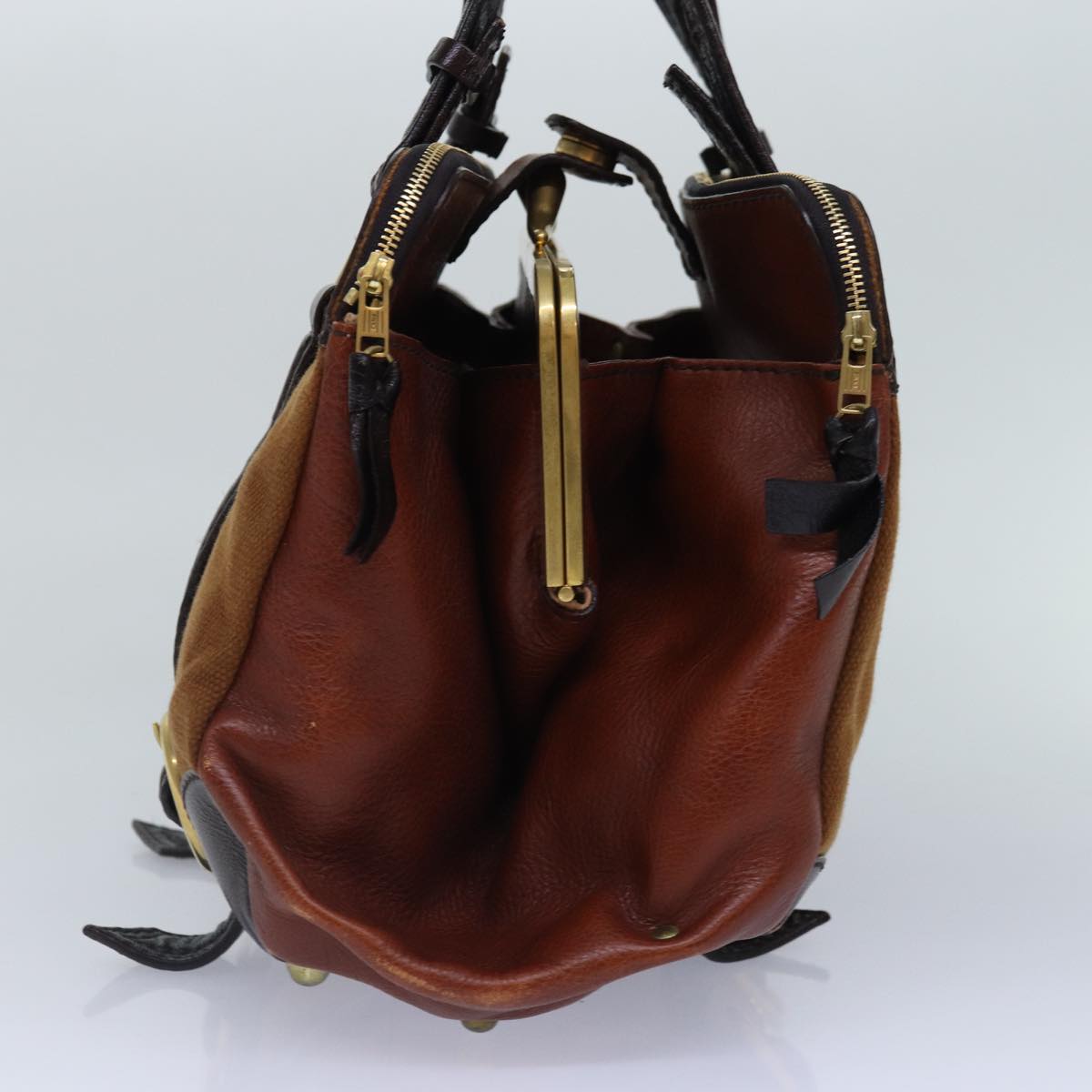Chloe Hand Bag Canvas Leather Brown Gold hk1638