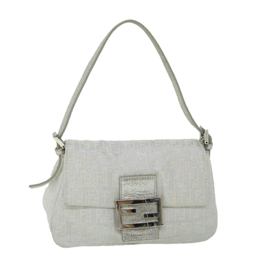 FENDI Zucchino Canvas Mamma Baguette Shoulder Bag Silverhk852