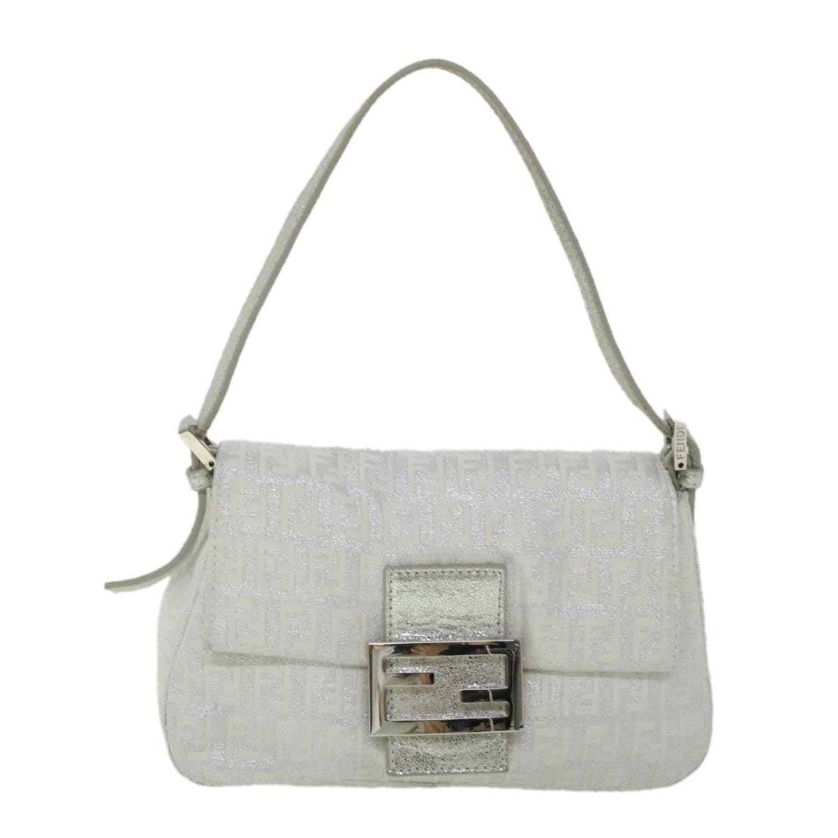 FENDI Zucchino Canvas Mamma Baguette Shoulder Bag Silverhk852
