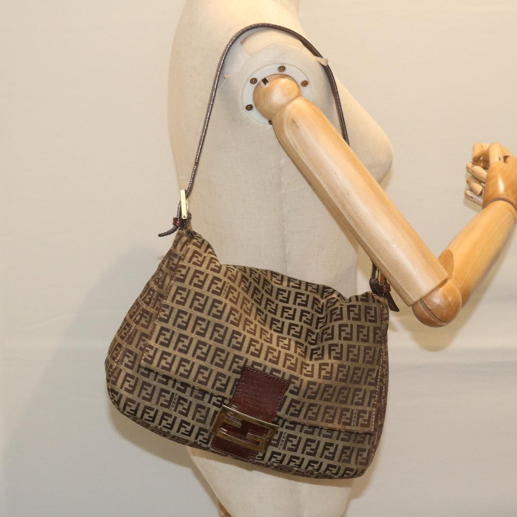 FENDI Zucchino Canvas Mamma Baguette Shoulder Bag Brownhk949