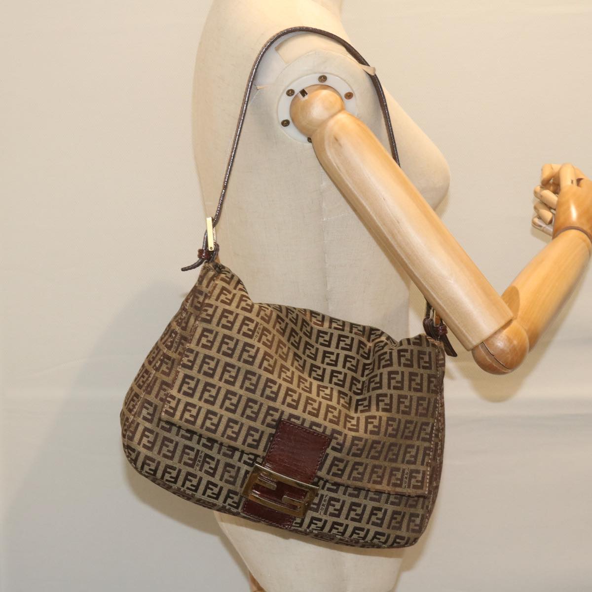 FENDI Zucchino Canvas Mamma Baguette Shoulder Bag Brownhk949