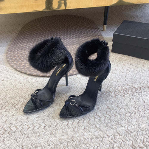 Saint Laurent HIGH HEEL SANDAL IN BLACK POLISHED CALFSKIN AND MINK FUR