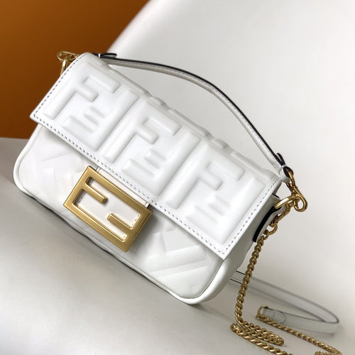 FENDI Mini Baguette Bag 20 With FF Motif White Leather Ghw