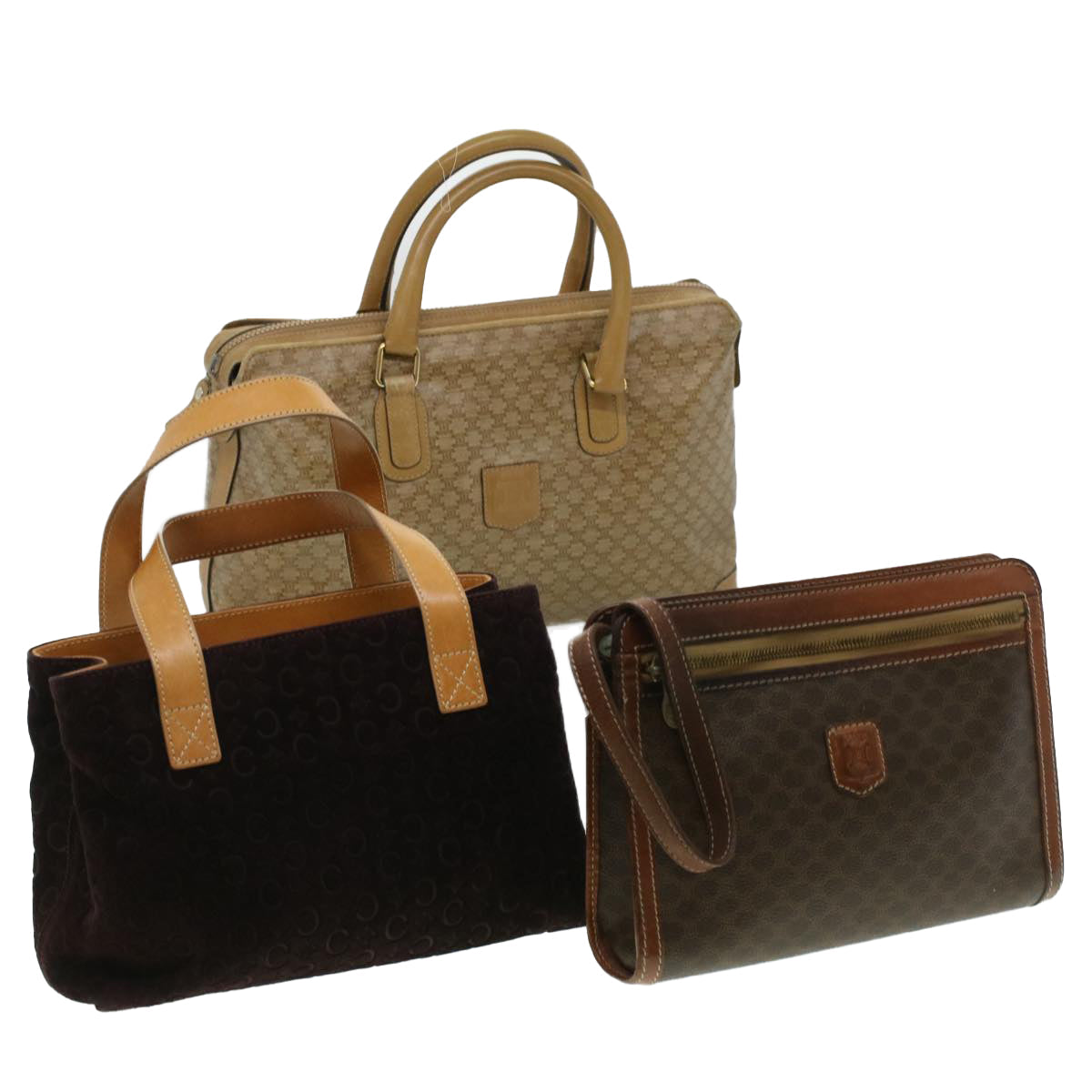 CELINE Macadam Canvas Clutch Hand Bag PVC Leather 3Set Brown purple  im395