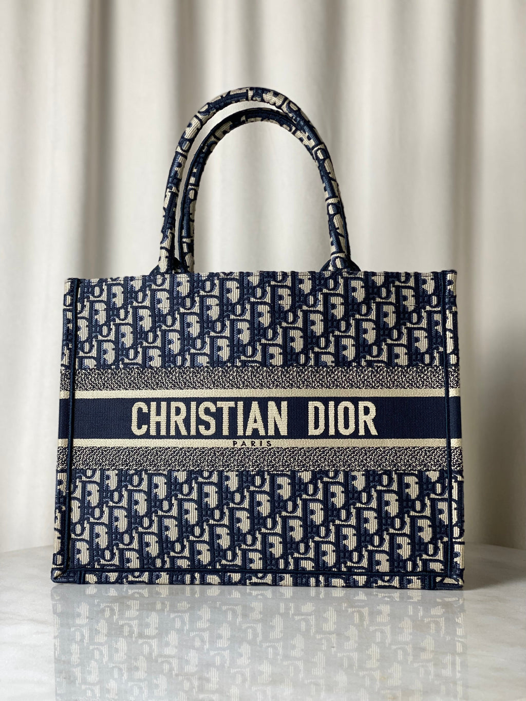 Christian Dior Navy Blue Oblique Book Medium Tote Bag