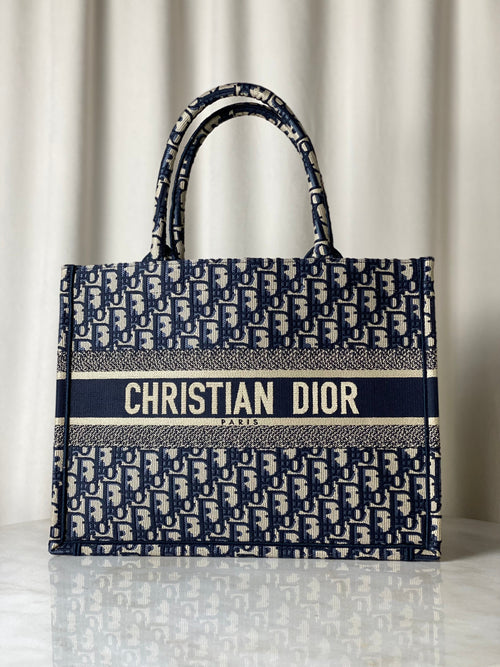 Christian Dior Navy Blue Oblique Book Medium Tote Bag