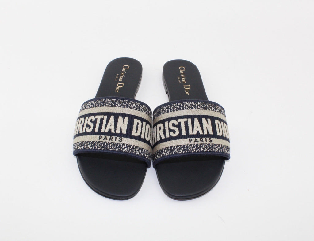 Dior Dway Navy Blue Embroidered Slides