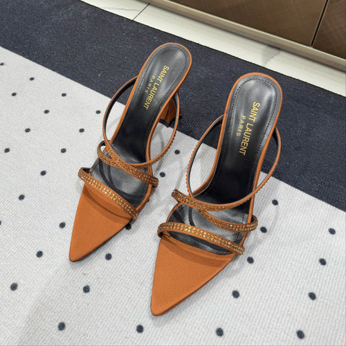 Saint Laurent HIGH CRYSTAL STRAP SANDALS IN SANDSTONE SILK