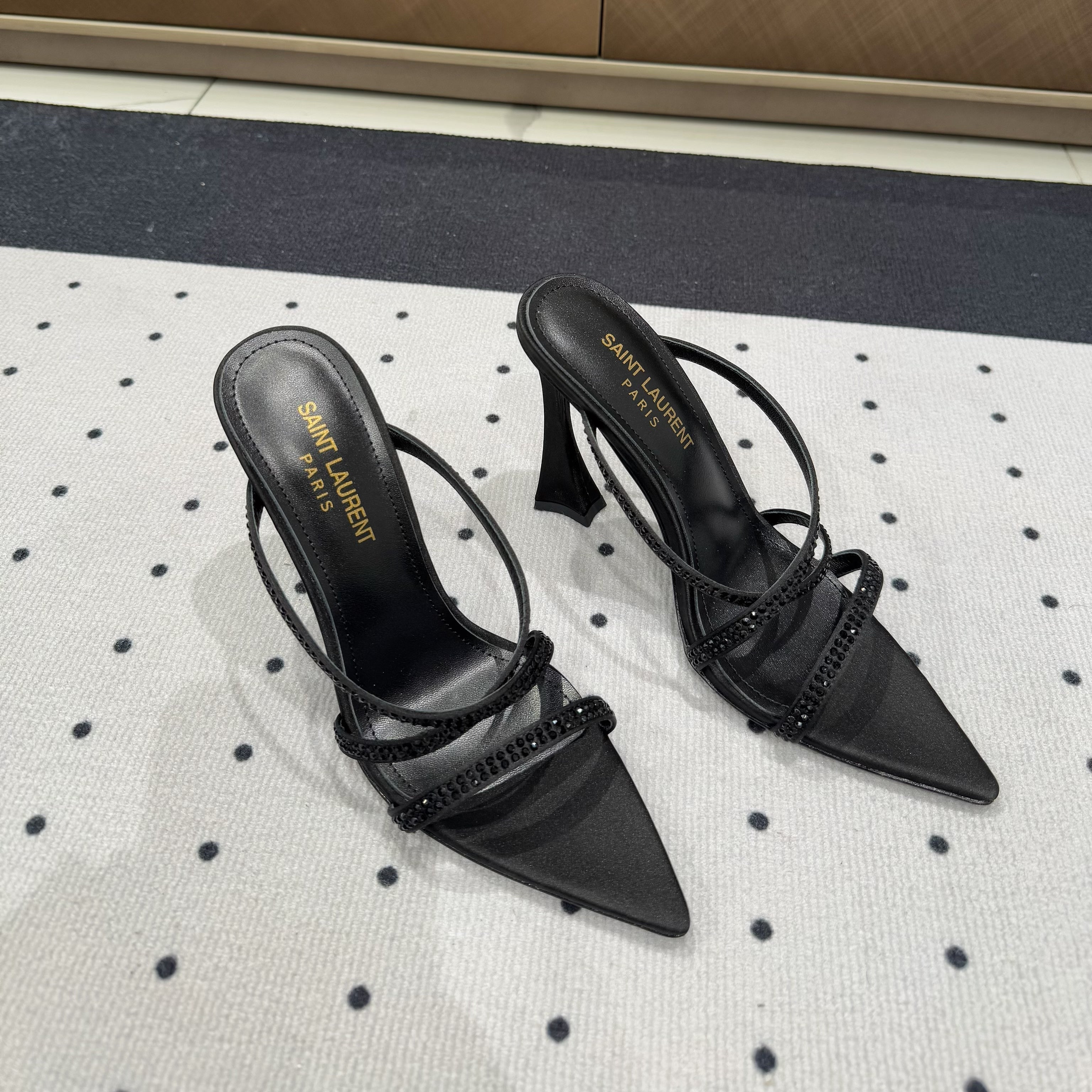 Saint Laurent HIGH CRYSTAL STRAP SANDALS IN BLACK SILK